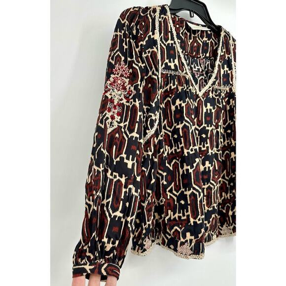 Anthropologie Maeve Veda Embroidered Blouse Size XSP  Brown Motif - Picture 6 of 10